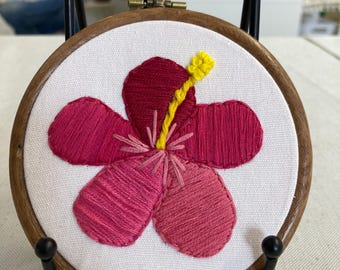 Pink hibiscus flower hanging embroidery 4”