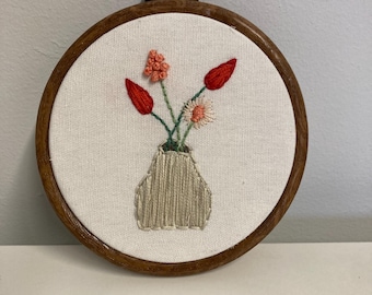 White vase with bouquet of flowers hanging embroidery 4”