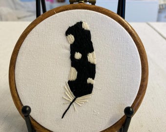 Spotted woodpecker feather hanging embroidery 4”