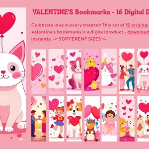 Valentine’s Day Bookmarks | 16 Printable Romantic Designs | Love & Hearts Theme | 3 Sizes Included | Instant Download Gift for Book Lovers