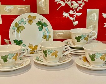 16 Piece Vintage Metlox Vernon Ware Vineyard Grape Dinner Set - 4 Salad Plates, 4 Soup Bowls, 4 Teacups and 4 Saucers - Circa 1960s