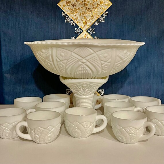Vintage Milk Glass Set Pedestal Punch Bowl and Twelve Mugs