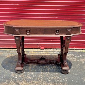 Antique 19th Century Victorian Walnut Leather Top Library Desk Secretary Table