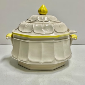Vintage Ceramic Soup Tureen Covered Serving Bowl with Lid and Spoon - White and Yellow - See Description