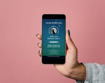 Animierte Geburtstagseinladung für Wolf, Mond und Nachthimmel - passend für Smartphone-Bildschirme!