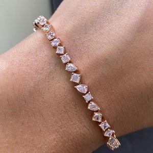 Lab Grown Diamond Tennis Bracelet for Women and Men, Mix Cut Diamond Tennis Bracelet For Wedding, Multi-Shape Solid Gold Diamond Bracelet