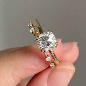 18K Gold Cushion Lab Grown Diamond Bridal Set: Pave Band Wedding Ring