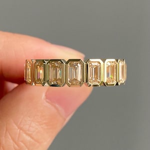 Champagne Lab Grown Emerald Cut Diamond Ring: 14K Gold Half-Eternity