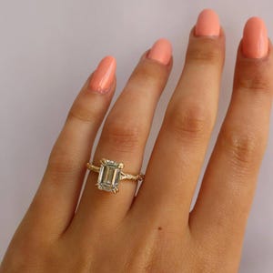 14k Yellow Gold Anniversary Ring Emerald Cut Lab Grown Diamond 18k Wedding Ring Exquisite Halo Engagement Ring Hidden Halo With Double Claw