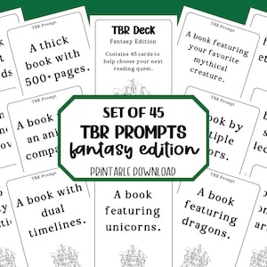 May include: A set of 45 printable cards with fantasy book prompts. The cards are black and white with a whimsical castle illustration. The text on the cards reads "TBR Deck Fantasy Edition" and "Set of 45 TBR Prompts Fantasy Edition Printable Download".
