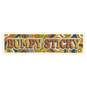 May include: A rectangular sticker with the words "BUMPY STICKY" in orange and yellow retro font. The background features a colorful, swirling pattern in shades of green, blue, orange, and yellow, with floral accents. The sticker has a cream-colored border.