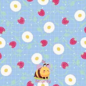 Strawberry Daisy Seamless Pattern, Blue Gingham Digital Paper, Cottagecore Floral Background, Summer Printable Paper, Scrapbook Paper.