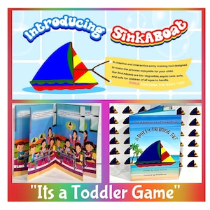 K&ouml;nnte beinhalten: Ein farbenfrohes Lernspielset f&uuml;r Kleinkinder mit dem T&ouml;pfchentrainingsspiel "SinkABoat". Das Set enth&auml;lt ein Pop-up-Buch mit Illustrationen und ein Buch mit dem Titel "The Adventures of SinkABoat: A Potty Training Tale". Der Text lautet "Its a Toddler Game."