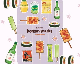 Korean Snacks Sticker Sheet | matte vinyl weatherproof | asian drinks food | aesthetic cute realistic | laptop water bottle journal