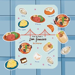 San Francisco Foods Sticker Sheet | matte vinyl weatherproof | travel drinks food | aesthetic cute realistic | laptop water bottle journal