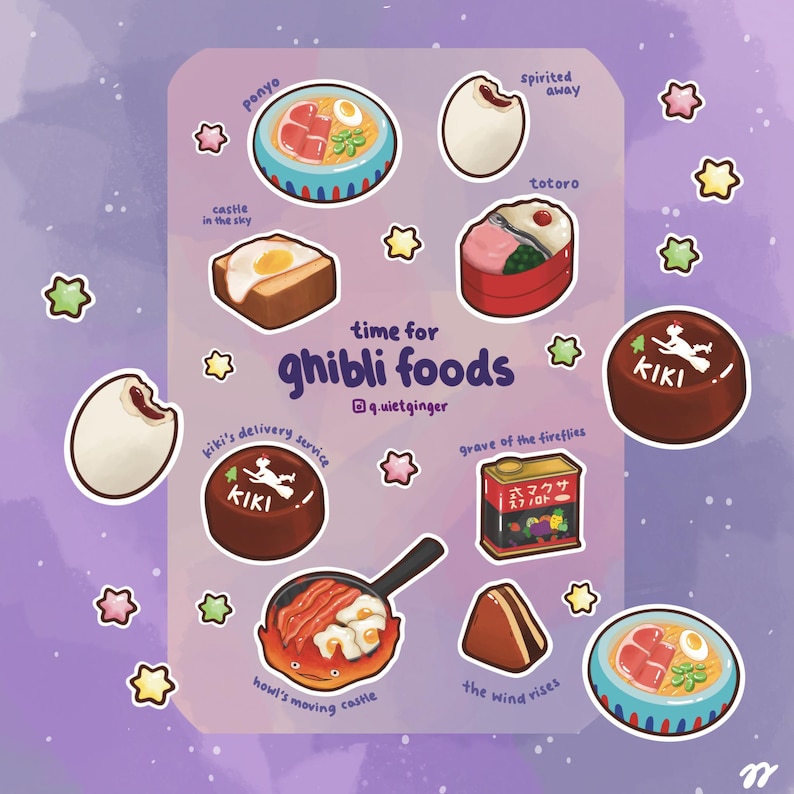 May include: A sticker sheet featuring colorful illustrations of food items from Studio Ghibli films. The sheet includes images of ramen, eggs, and other dishes, with text such as "Time for Ghibli Foods" and film titles like "Kiki's Delivery Service."