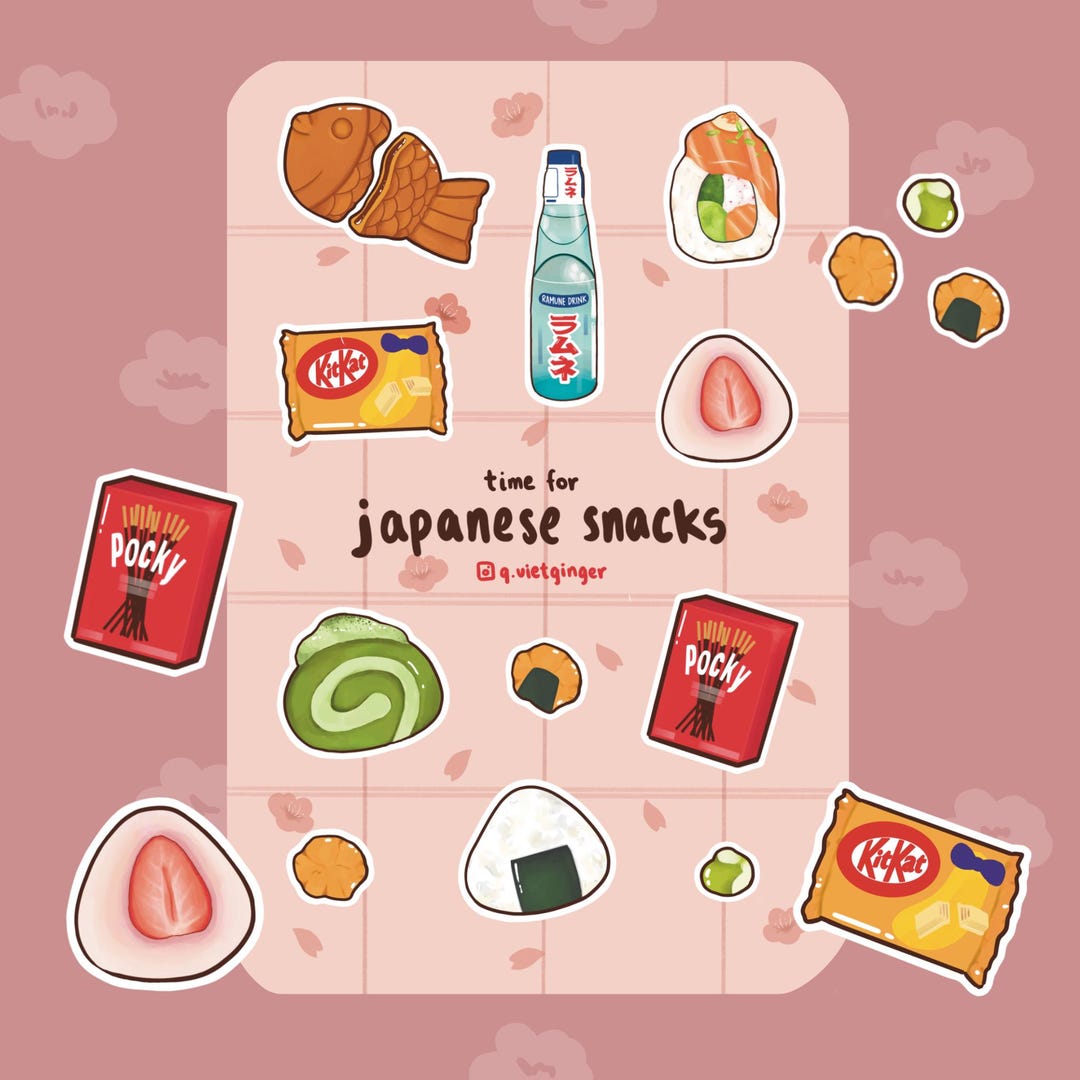Snack Sticker Sheet Japanese Snacks Sticker Sheet Matte Vinyl Weatherproof Asian Drinks ...