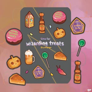 May include: Illustration of various wizarding treats, including pink cakes with "Happee Birthdae Harry" text, pumpkin juice bottles, and chocolate frog cards. The phrase "time for wizarding treats" is also displayed.