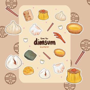May include: A collection of colorful dim sum stickers with a variety of shapes and designs. The stickers feature traditional Chinese food items like dumplings, buns, and pastries. The text "time for dimsum" is written in a playful font with a heart above the word "time".