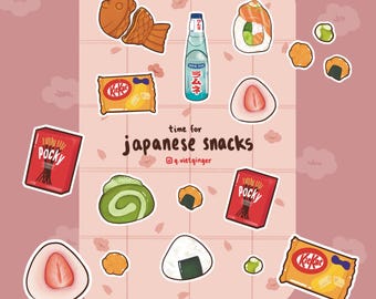 Japanese Snacks Sticker Sheet | matte vinyl weatherproof | asian drinks food | aesthetic cute realistic | laptop water bottle journal