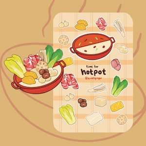 May include: A colorful illustration of a hot pot with various ingredients, including mushrooms, vegetables, and meat. The text "time for hotpot" is written in a red box with a white outline. The text "@vietginger" is written in a smaller red box below the larger red box.