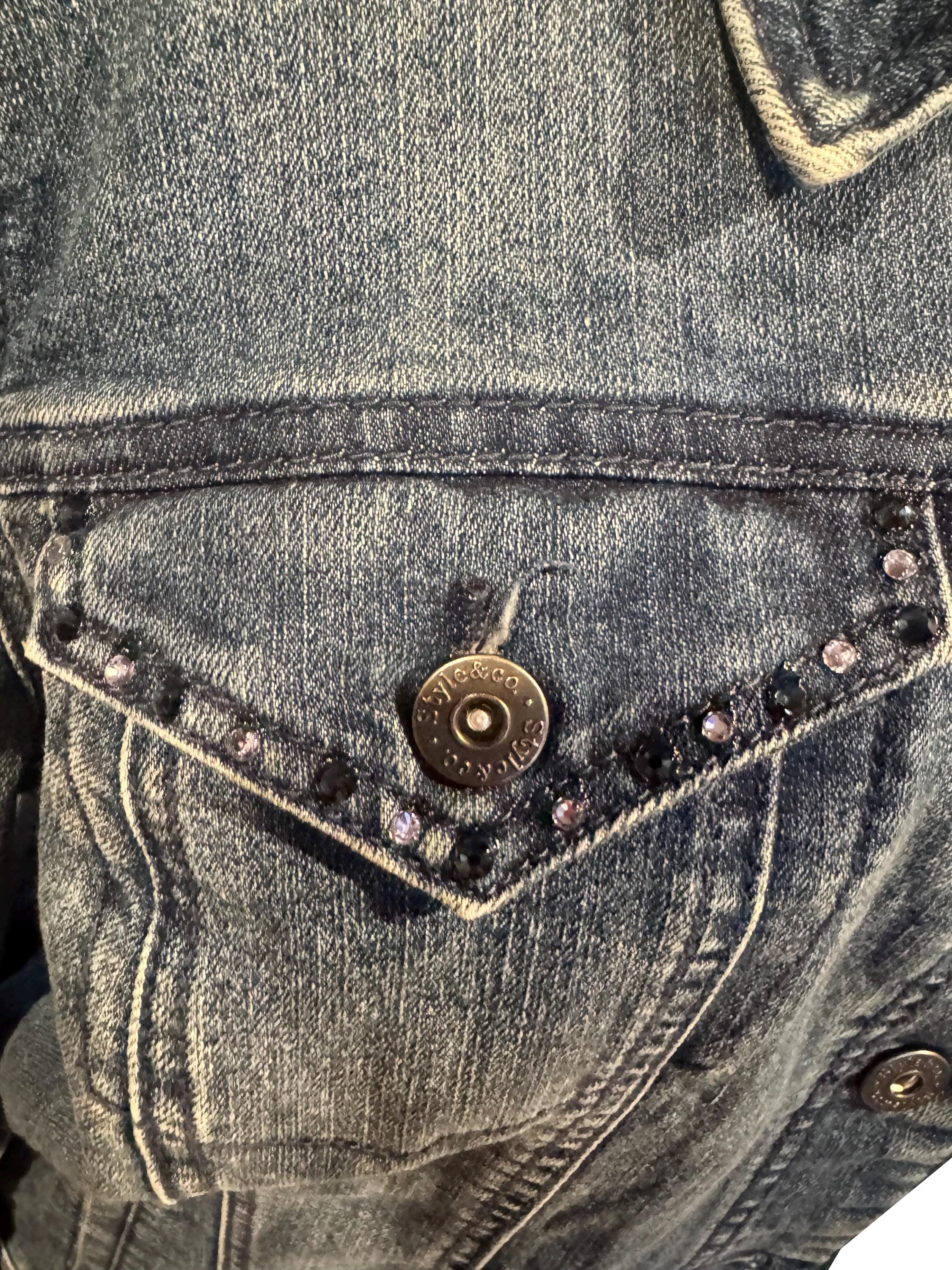 花柄刺繍ラインストーンデニムジャケット – 手作業で装飾、アップ 