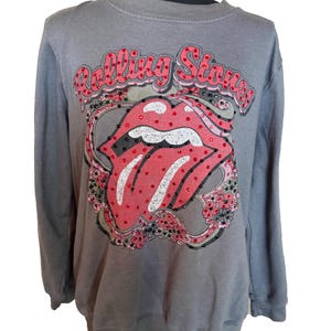 Grijs Rolling Stones-sweater – met de hand verfraaid met strassteentjes, unieke en geüpcycleerde concertklare bling