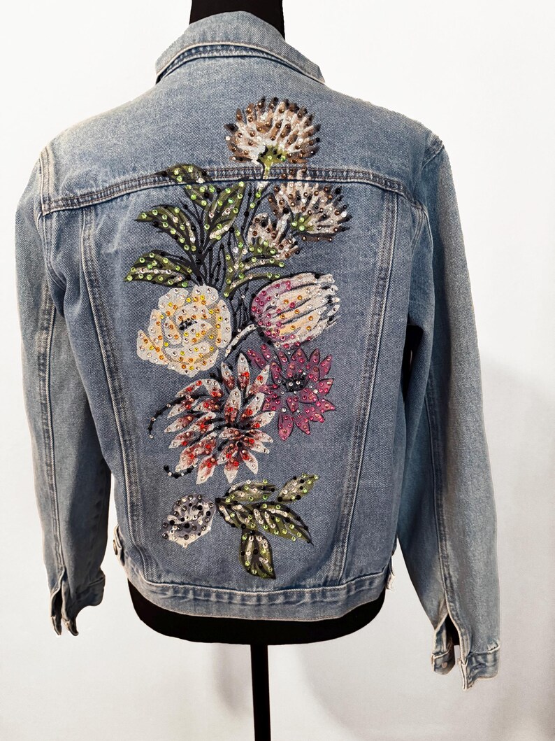 Floral Denim Rhinestone Jacket - Upcycled & Whimsical, One of a Kind ...