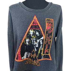 May include: Dark gray sweatshirt featuring a band graphic. The graphic includes a red and yellow triangle with a band photo and the band's name. Japanese text is also present. The sweatshirt has long sleeves.