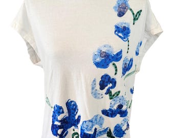 Camicia floreale riciclata Anthropologie – Blusa boho con strass decorata a mano