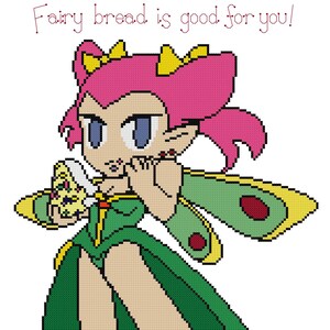 Puede incluir: Un hada de dibujos animados con cabello rosado, alas verdes y una corona amarilla sostiene una galleta con forma de mariposa. El texto "Fairy bread is good for you!" está en la parte superior de la imagen. El texto "Have you ever seen a fat faerie?" está en la parte inferior de la imagen.