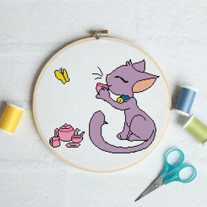 Kitten&#39;s Tea Party Cross Stitch Pattern - Professional Pattern Designer and Artist Collaboration