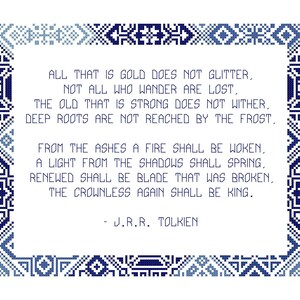 May include: A blue and white pixelated image with a quote from J.R.R. Tolkien: "All that is gold does not glitter, not all who wander are lost, the old that is strong does not wither, deep roots are not reached by the frost, from the ashes a fire shall be woken, a light from the shadows shall spring, renewed shall be blade that was broken, the crownless again shall be king."
