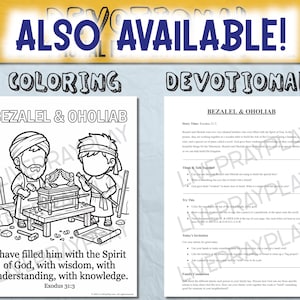 Puede incluir: Una p&aacute;gina para colorear y una p&aacute;gina devocional se muestran. La p&aacute;gina para colorear presenta una ilustraci&oacute;n en blanco y negro de dos figuras trabajando en una estructura. El texto en la p&aacute;gina para colorear dice "BEZALEL & OHOLIAB" y un vers&iacute;culo b&iacute;blico.