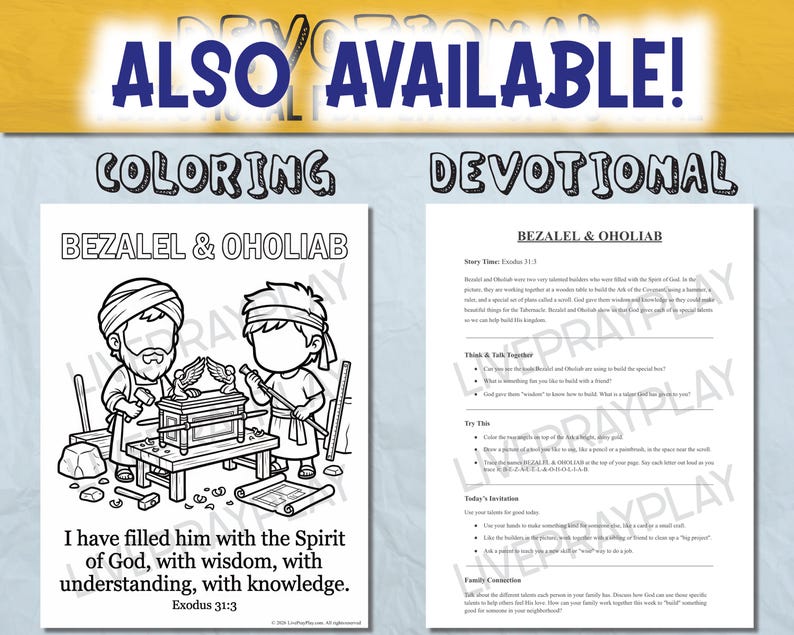 Puede incluir: Una p&aacute;gina para colorear y una p&aacute;gina devocional se muestran. La p&aacute;gina para colorear presenta una ilustraci&oacute;n en blanco y negro de dos figuras trabajando en una estructura. El texto en la p&aacute;gina para colorear dice "BEZALEL & OHOLIAB" y un vers&iacute;culo b&iacute;blico.