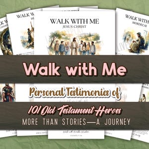 Puede incluir: Una colección de libros titulados "Walk with Me" con ilustraciones y texto. Los libros son blancos con varias imágenes y títulos, incluyendo "Jesús Cristo" y "Mordecai". La pancarta dice "Personal Testimonies of 101 Old Testament Heroes".
