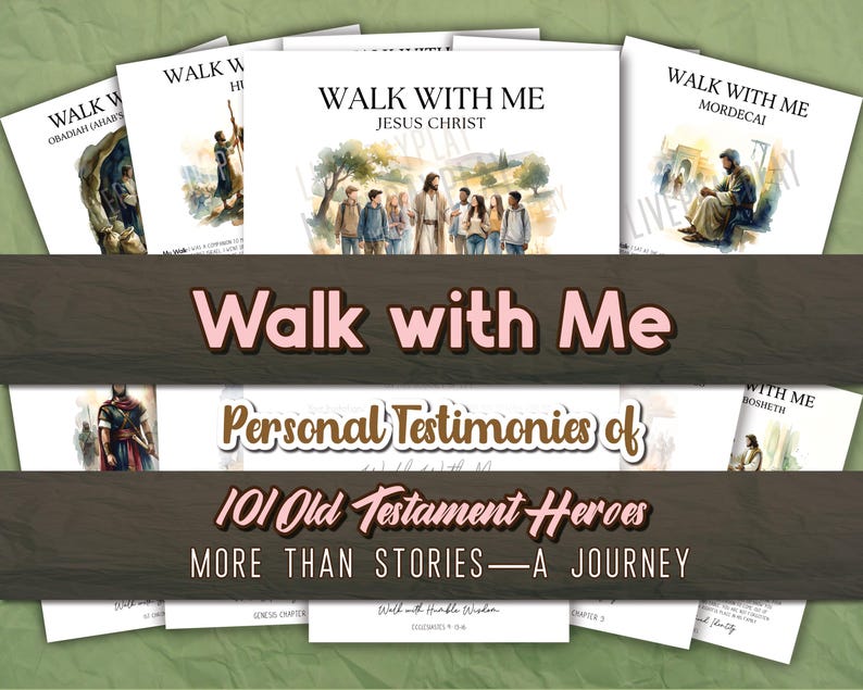 Puede incluir: Una colecci&oacute;n de libros titulados "Walk with Me" con ilustraciones y texto. Los libros son blancos con varias im&aacute;genes y t&iacute;tulos, incluyendo "Jes&uacute;s Cristo" y "Mordecai". La pancarta dice "Personal Testimonies of 101 Old Testament Heroes".