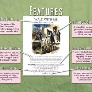 Puede incluir: Una p&aacute;gina impresa con el t&iacute;tulo "Walk With Me" y el nombre "Ebed-Melech". La p&aacute;gina presenta una ilustraci&oacute;n en acuarela de una escena b&iacute;blica. Cuadros de texto resaltan caracter&iacute;sticas como "The Guide" y "The Visual Story".