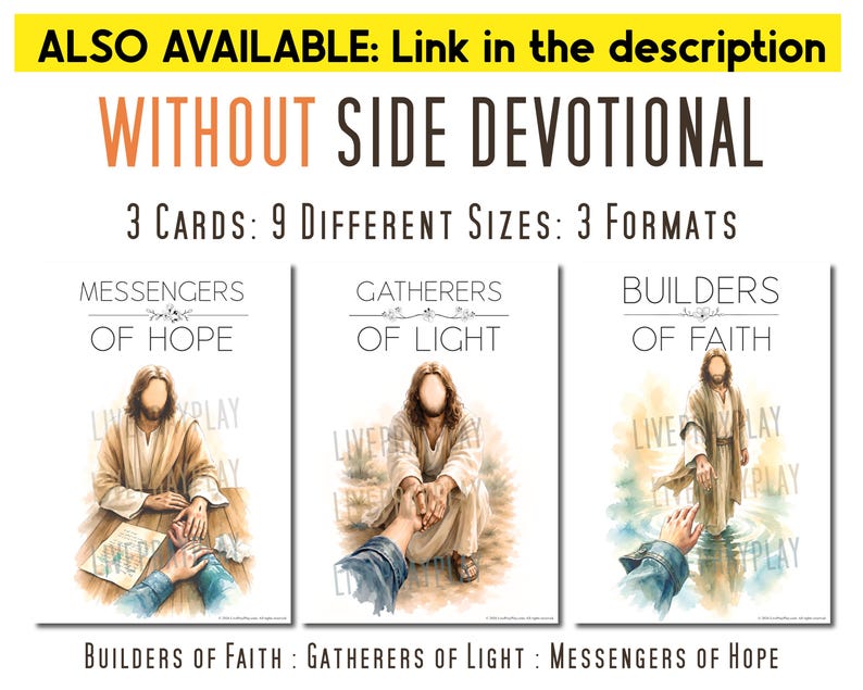 Może przedstawiać: Trzy karty z grafikami religijnymi przedstawiające postać w szatach. Tekst brzmi: ALSO AVAILABLE: Link in the description, WITHOUT SIDE DEVOTIONAL, 3 CARDS: 9 DIFFERENT SIZES: 3 FORMATS, MESSENGERS OF HOPE, GATHERERS OF LIGHT, BUILDERS OF FAITH.
