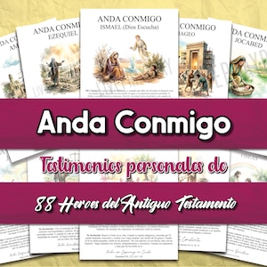 Könnte beinhalten: Eine Sammlung von Broschüren mit dem Titel "Anda Conmigo" mit Illustrationen und Text. Der Titel ist in großen weißen Buchstaben auf einem weinroten Banner dargestellt. Die Broschüren enthalten Bilder und Text auf Spanisch, mit dem Satz "88 Heroes del Antiguo Testamento".