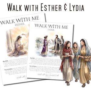 Może przedstawiać: Dwie wydrukowane kartki z tytułem Walk With Esther & Lydia z ilustracjami postaci biblijnych. Jedna kartka przedstawia klęczącą kobietę, druga kobietę w wodzie z dwoma mężczyznami. Ilustracja przedstawia trzy kobiety idące razem.
