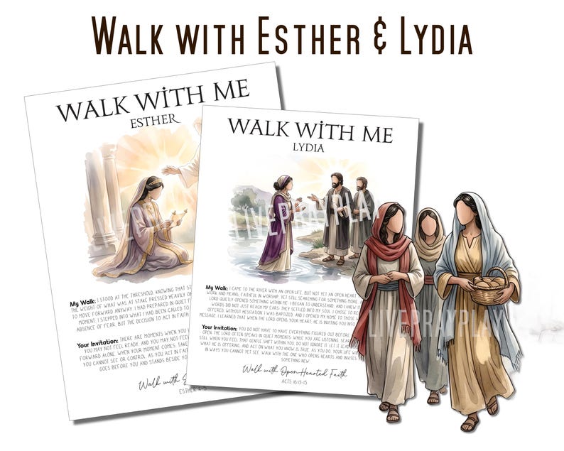 Może przedstawiać: Dwie wydrukowane kartki z tytułem Walk With Esther & Lydia z ilustracjami postaci biblijnych. Jedna kartka przedstawia klęczącą kobietę, druga kobietę w wodzie z dwoma mężczyznami. Ilustracja przedstawia trzy kobiety idące razem.
