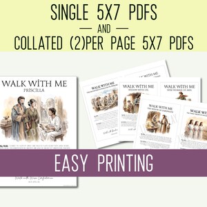 Może przedstawiać: Zestaw cyfrowych dokument&oacute;w PDF o wymiarach 5x7 cali zatytułowanych Walk With Me, zawierających akwarelowe ilustracje postaci biblijnych oraz tekst. Kolekcja obejmuje pojedyncze strony i układy z dwiema stronami na arkusz do łatwego druku.