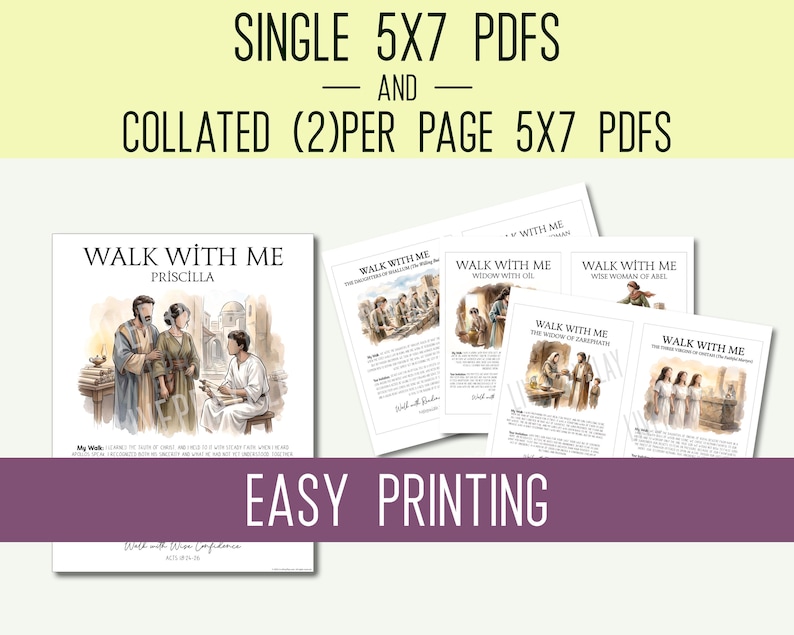 Może przedstawiać: Zestaw cyfrowych dokument&oacute;w PDF o wymiarach 5x7 cali zatytułowanych Walk With Me, zawierających akwarelowe ilustracje postaci biblijnych oraz tekst. Kolekcja obejmuje pojedyncze strony i układy z dwiema stronami na arkusz do łatwego druku.