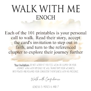 Puede incluir: Impresi&oacute;n digital blanca con el texto "WALK WITH ME ENOCH" en negro, rodeada de una nube beige estilo acuarela. El texto trata sobre la fe y la confianza, con referencias a G&eacute;nesis 5, Mois&eacute;s 6 y 7. Un dise&ntilde;o inspirador.