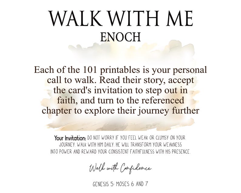 Puede incluir: Impresi&oacute;n digital blanca con el texto "WALK WITH ME ENOCH" en negro, rodeada de una nube beige estilo acuarela. El texto trata sobre la fe y la confianza, con referencias a G&eacute;nesis 5, Mois&eacute;s 6 y 7. Un dise&ntilde;o inspirador.