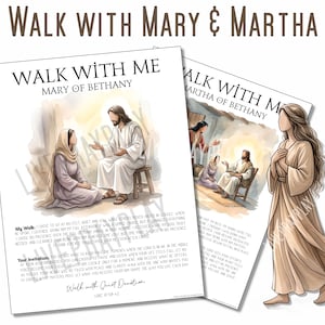 Może przedstawiać: Dwie drukowane karty dewocyjne zatytułowane Walk With Me Mary of Bethany oraz Walk With Me Martha of Bethany. Każda karta zawiera ilustrację w stylu akwareli przedstawiającą postać siedzącą z Jezusem oraz wydrukowany tekst i fragmenty Pisma.