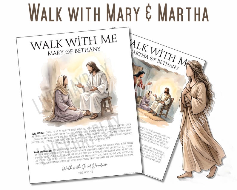 Może przedstawiać: Dwie drukowane karty dewocyjne zatytułowane Walk With Me Mary of Bethany oraz Walk With Me Martha of Bethany. Każda karta zawiera ilustrację w stylu akwareli przedstawiającą postać siedzącą z Jezusem oraz wydrukowany tekst i fragmenty Pisma.