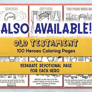 Puede incluir: P&aacute;ginas para colorear del Antiguo Testamento con 100 h&eacute;roes y p&aacute;ginas devocionales separadas. La imagen incluye el texto "&iexcl;TAMBI&Eacute;N DISPONIBLE!" y ejemplos de p&aacute;ginas para colorear con los nombres "ENOCH", "ESTHER" y "THE POOR WISE MAN".