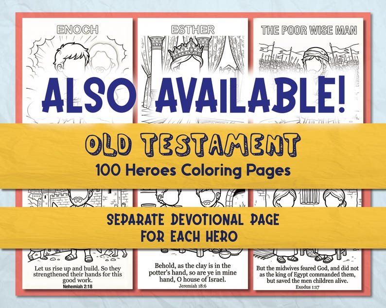 Puede incluir: P&aacute;ginas para colorear del Antiguo Testamento con 100 h&eacute;roes y p&aacute;ginas devocionales separadas. La imagen incluye el texto "&iexcl;TAMBI&Eacute;N DISPONIBLE!" y ejemplos de p&aacute;ginas para colorear con los nombres "ENOCH", "ESTHER" y "THE POOR WISE MAN".